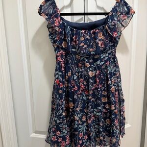 Lulus - Navy Floral off the shoulder Dress
